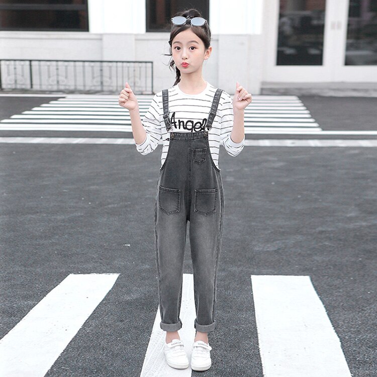 Kids Teens Girls Denim Long Jumpsuit Overalls Playsuit For Girls School Jeans Jumpsuits Romper Clothes Outfits 14 Years: black / 10T