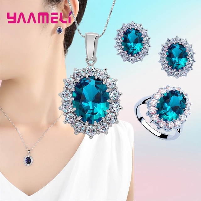 Conjuntos de joyas de plata de ley 100% auténtica para mujer, joyería de compromiso de boda, clásico de flores ovaladas, cristal de circonita cúbica brillante 925: Verde