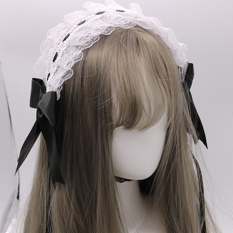 Petit bandeau Lolita japonais fait à la main, ornement pour cheveux de femme de ménage, clip latéral, accessoires pour cheveux doux: White Lace And Black