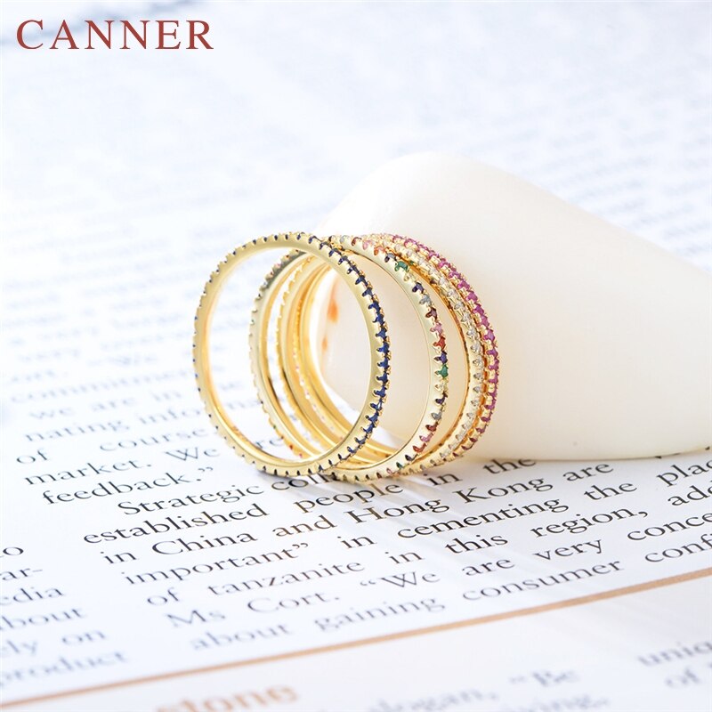 Simple Trendy 925 Sterling Silver Rings for Women Multicolor Mini Rainbow Zircon Single Row Drill Wedding Rings Jewelry