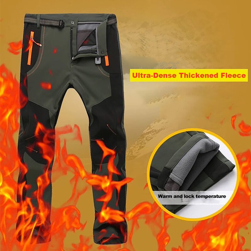 LNGXO Dicke warme Fleece-Wanderhose für Herren, Winter, wasserdicht, winddicht, Outdoor, Softshell-Regenhose, Trekking, Camping, Skihose