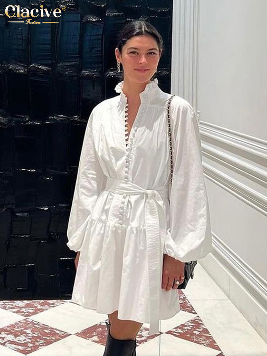Clacive lose weiße Baumwolle Kleid lässig Stehkragen Puff ärmel Mini kleid elegante Schnür Falten kleider für Frauen: L