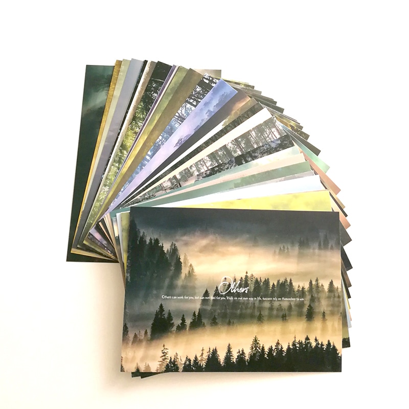 30 unids/set Foggy Forest con frase inglesa clásica Selección de tarjetas de paisaje de fotografía de bosque postales