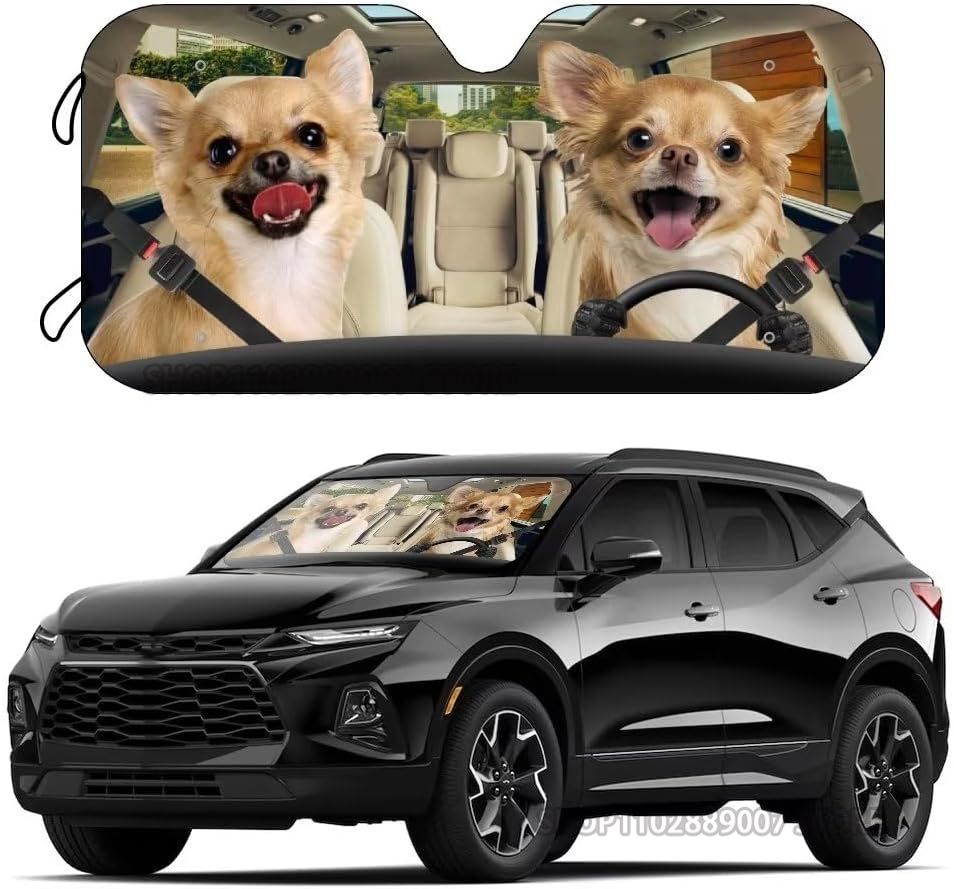Chihuahua Auto Sun Shade Car Windshield Window Cover Cute Chihuahua Dog Family Sun Visor Protector Sunshade Animal Car Decor: MULTI
