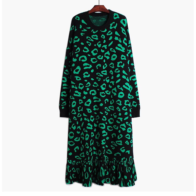 EAM] Women Green Leopard Big Size Ruffles Knittin...  Grandado