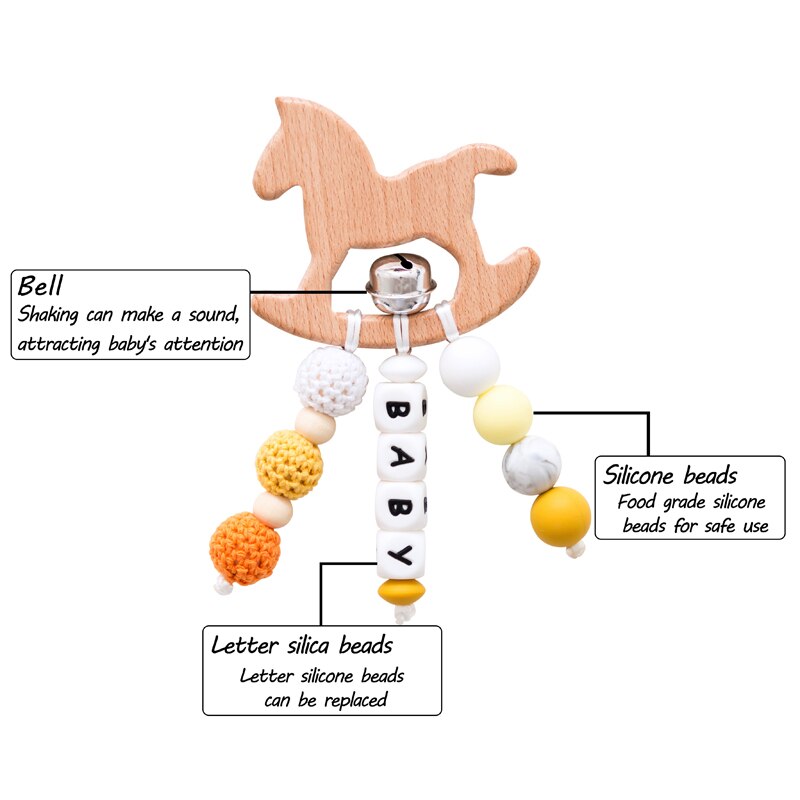 1pc Del bambino Sonaglio tamburo di Legno di Faggio Animale Del Fumetto Giocattoli silicone Massaggiagengive per I Denti Perline Personalizzati Nome Del bambino Fatti A Mano Dentizione Giocattoli