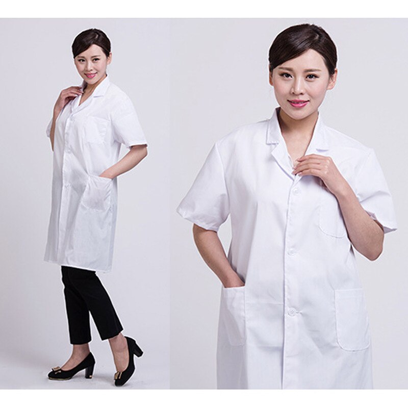 Bata de laboratorio blanca Unisex, uniforme de trabajo de manga corta con bolsillos, ropa de médico y enfermera, AC889