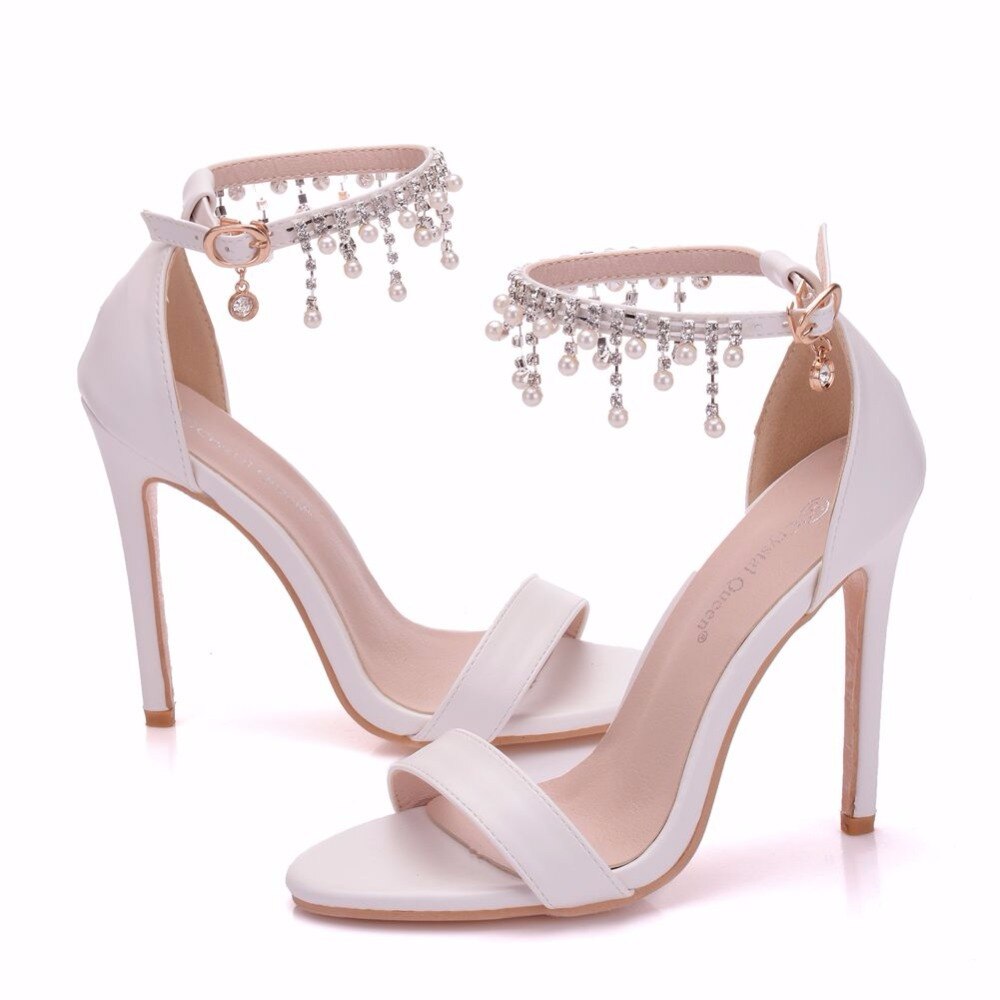 Sandalias de tacón de cristal para mujer, zapatos elegantes de boda, tacón alto, borlas con perlas, plataforma de cadena, , color blanco