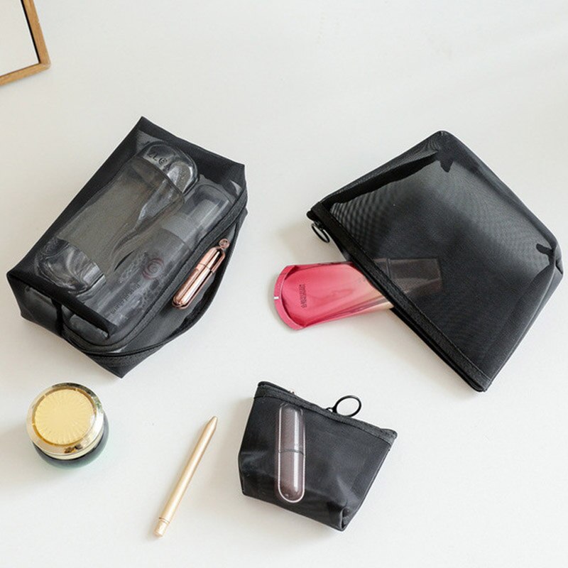 1Pcs Black Translucent Wash Bags Portable Breathable Trapezoid With Zipper Nylon Travel Mesh Large Capacity Cosmetic Bag