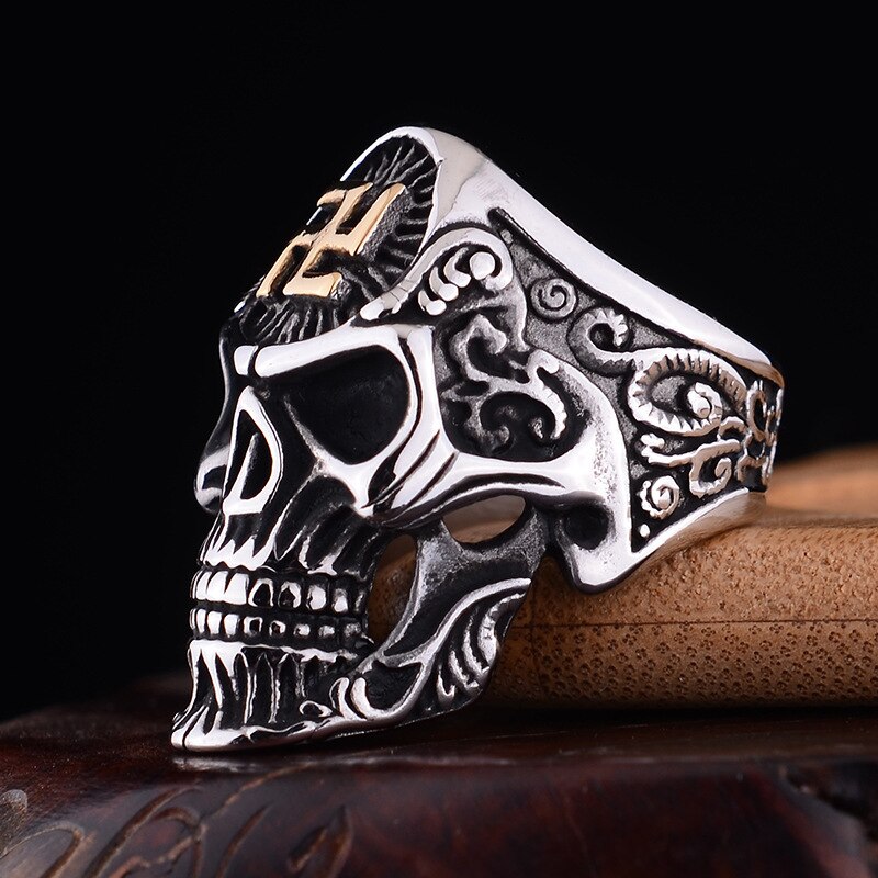 Punk hagekors symbol skelet spøgelseshoved store ringe til mænd rustfrit stål tilbehør religiøse kranium mænd svastika ring
