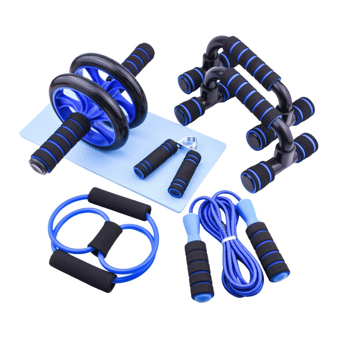 7Pcs Ab Roller Buik Wiel Push-Up Beugel Weerstand Touw Grip Sterkte Apparaat Oefening Abdominale Spieren Fitness Apparatuur: Blauw