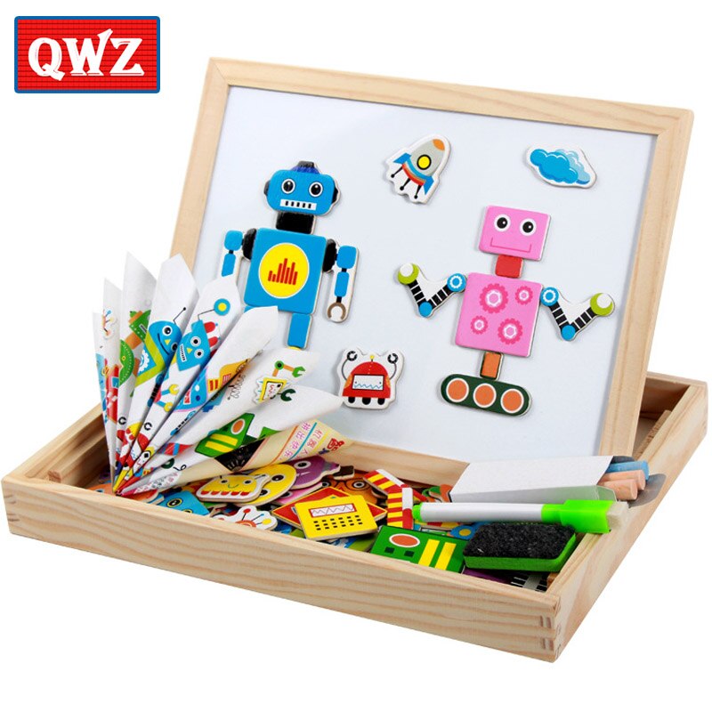 Multifunctional Wooden Magnetic Puzzle Toys Children 3D Puzzle Figure/Animals/ Vehicle /Circus Drawing Board Learning Wood Toys: QWZ091-robot-N