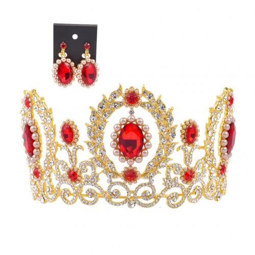 Barroco feminino strass falso pérola coroa tiara brincos conjunto de jóias de casamento: Golden Red