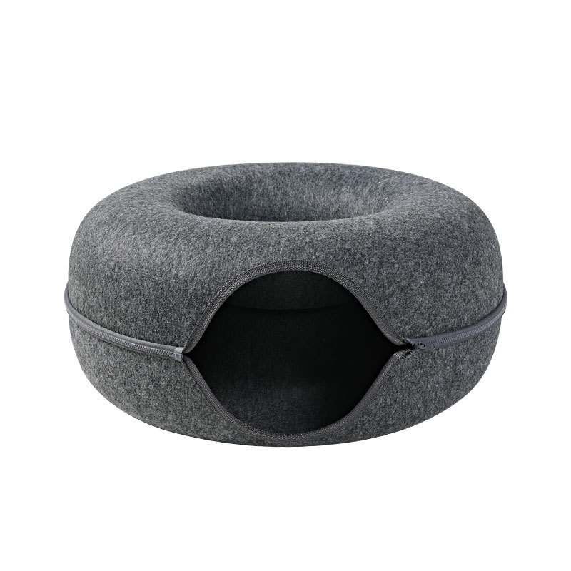 Trendy katteseng til indendørs katte kat tunnel og rund donut seng stor kat hule seng kat hård filt lynlås pude til alle årstider: Mørkegrå