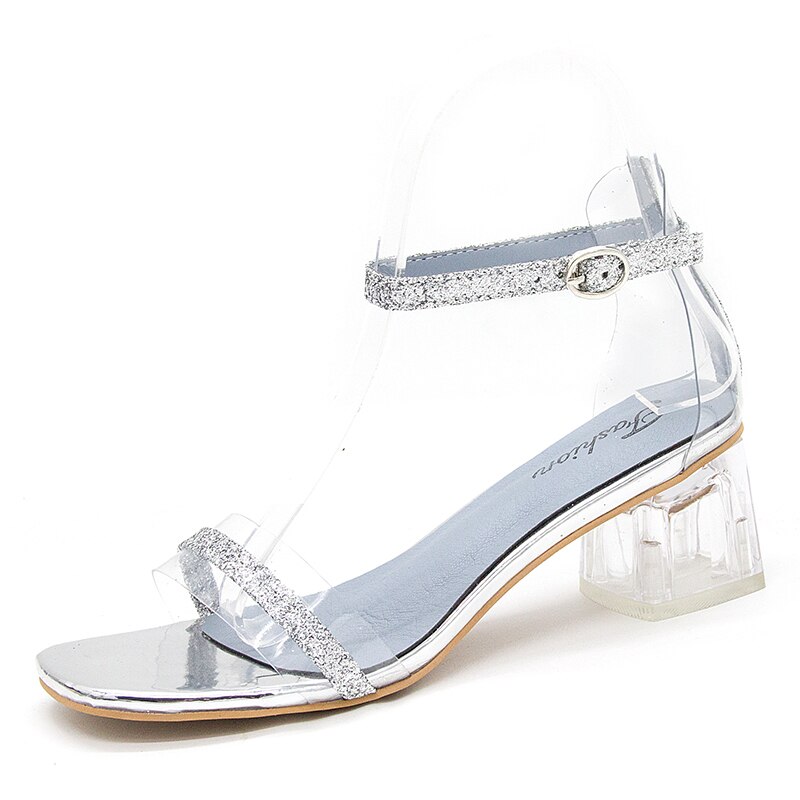 Clear Heels High Women Sandals Summer Shoes Transparent Pumps Wedding Jelly Buty Damskie Ankle Strap Square Pvc Heels: Silver / 5