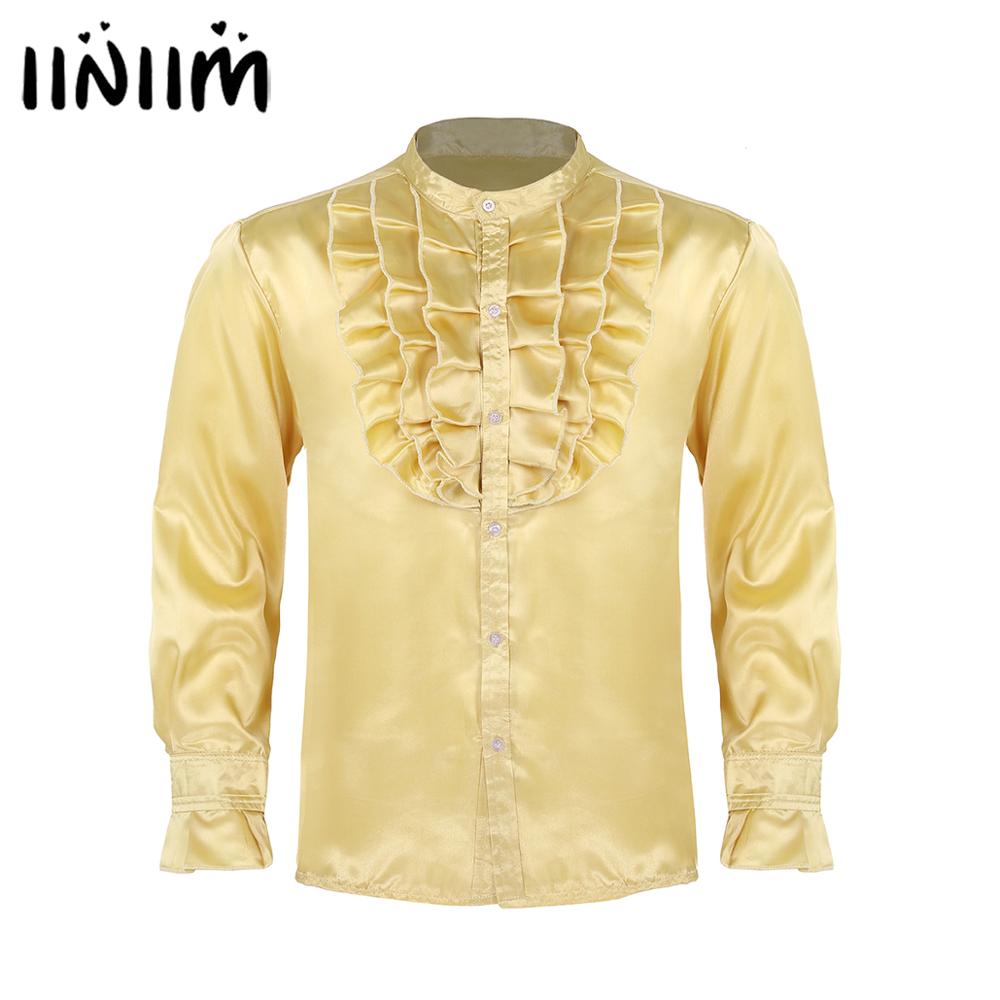 Vêtements pour hommes Hip Hop fête Clubwear soie col montant avant à volants bouton bas Slim Fit Vintage mariage smoking robe chemises