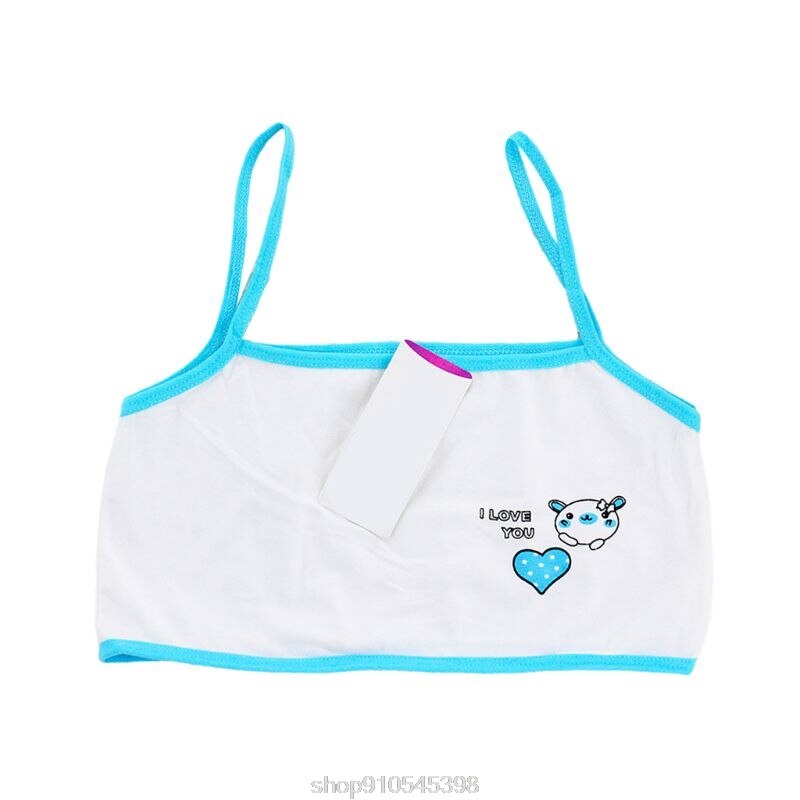 Young Girls Training Bra Bear Heart Printed Cotton Underwear Teenager Puberty Single Layer Bralette 6-14T N09 20: Lake Blue