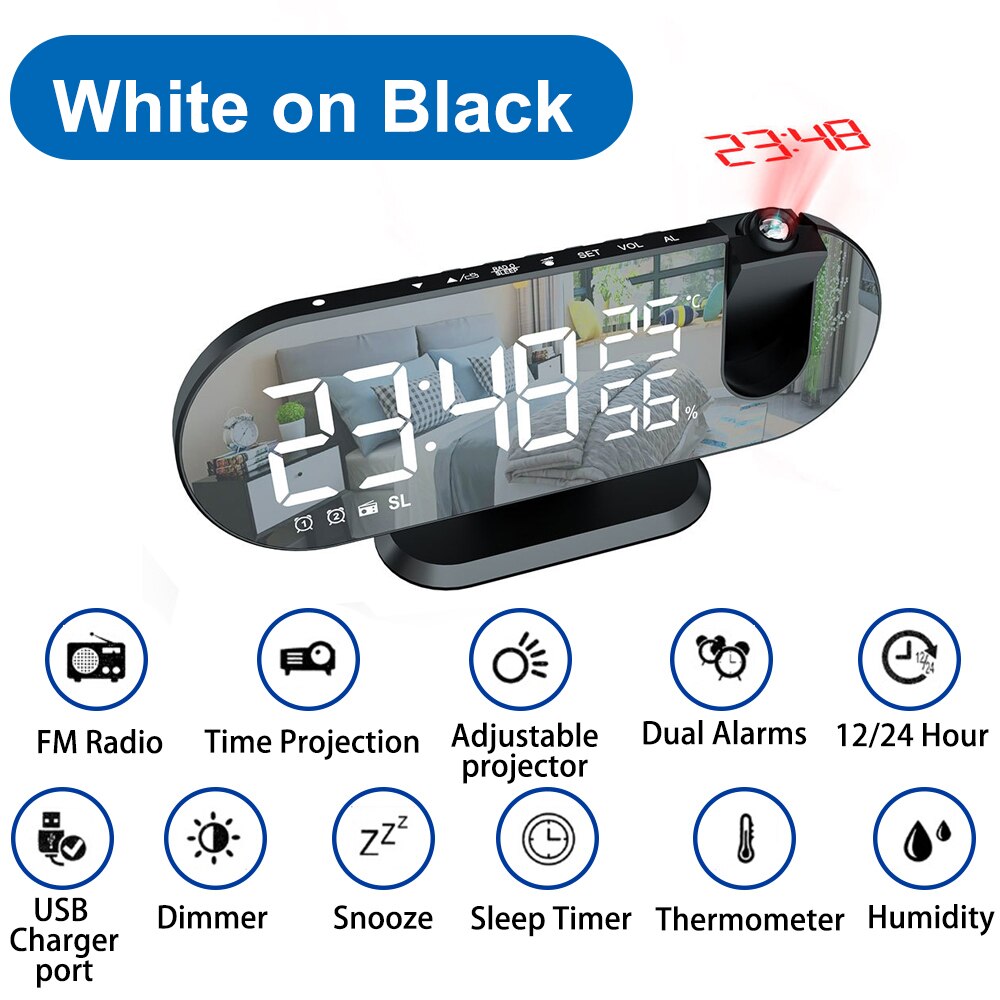 Reloj Despertador Digital con Proyección LED, Dispositivo Electrónico para Mesilla de Noche del Dormitorio con Radio FM y Proyector de Tiempo: White on Black B