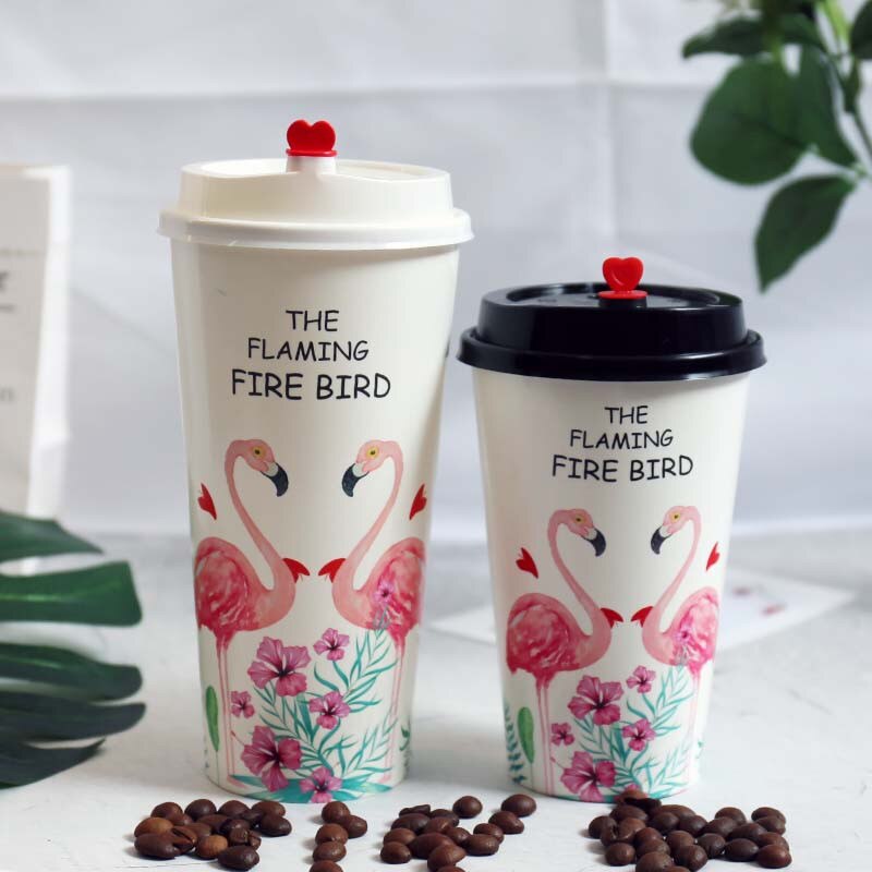 50pcs white flamingo cup 500ml disposable coffee cup party birthday favor beverage paper cup with love lid