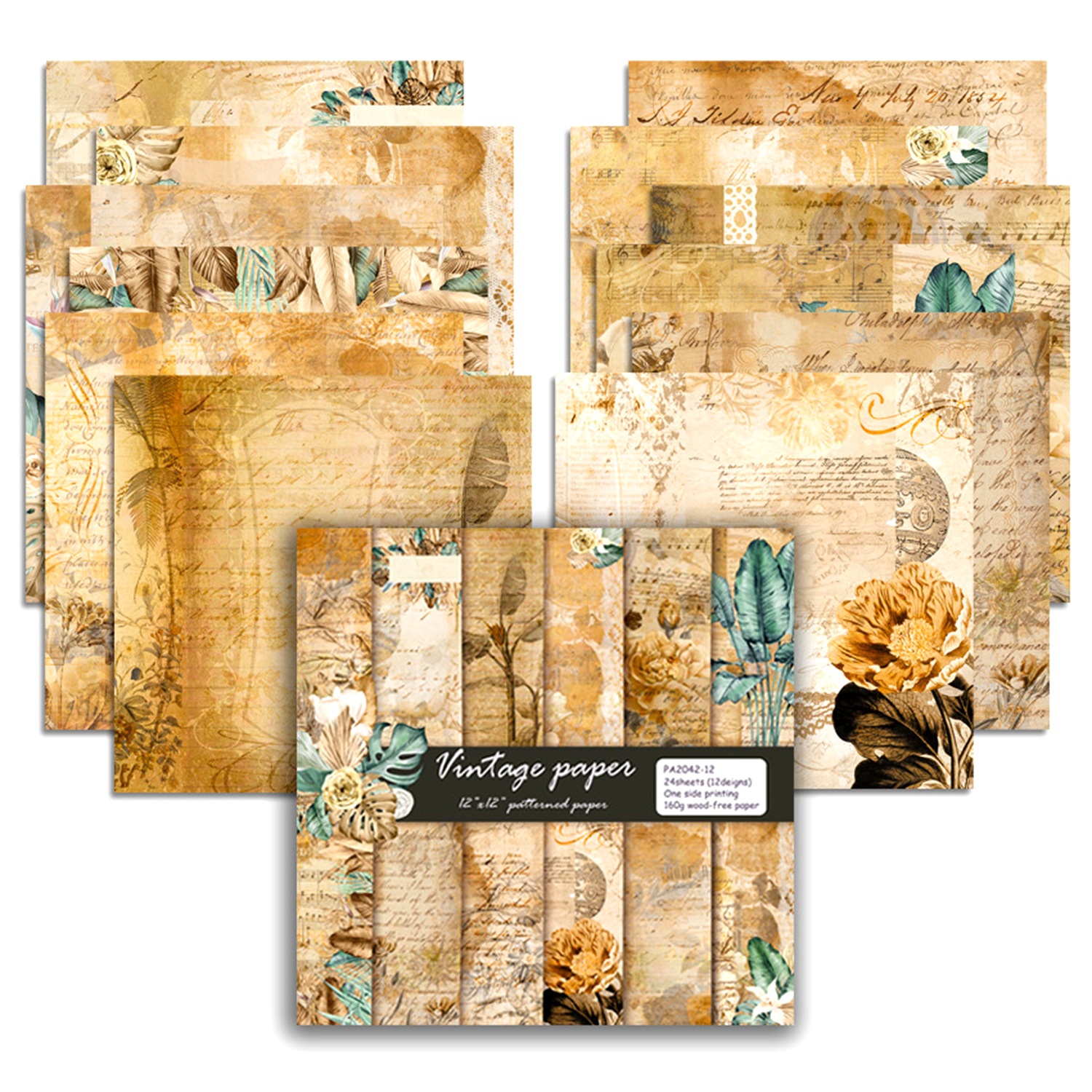 24 ark 30 x 30 cm hobbypapir til scrapbooking i blokk, akvarellfarget, enkeltsidig trykk, junk journal-kartong, rekvisita for kort