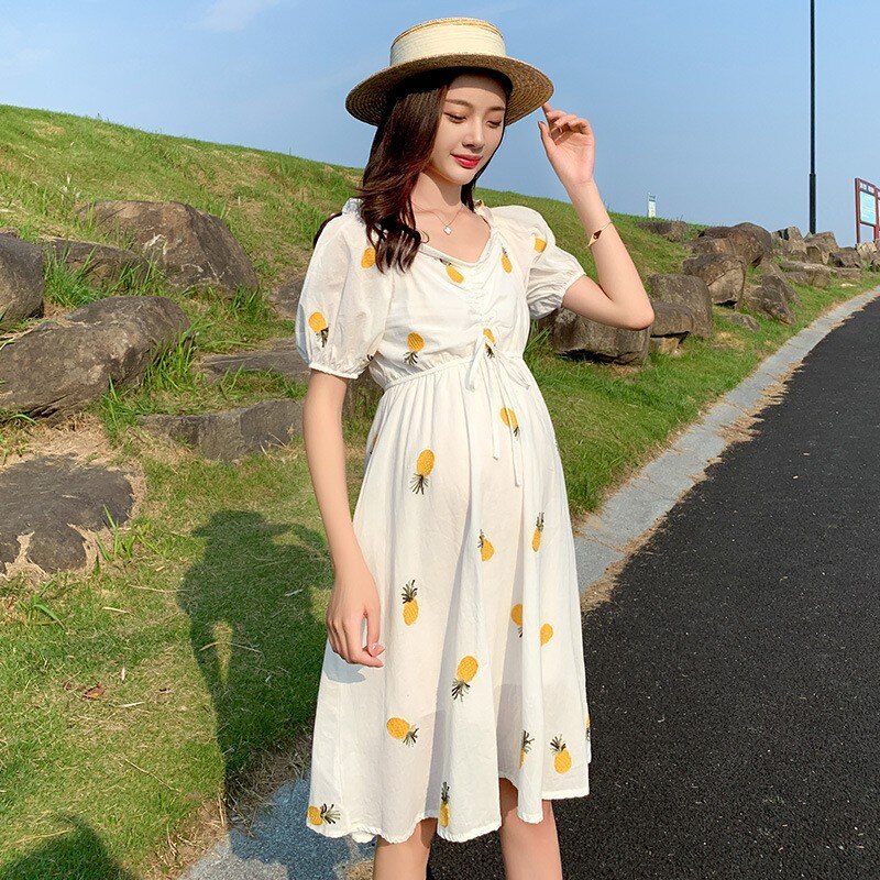 Verano embarazo vestido de mujer de talla grande ropa de maternidad embarazada ropa de piña y fresa bordado patrón femenino