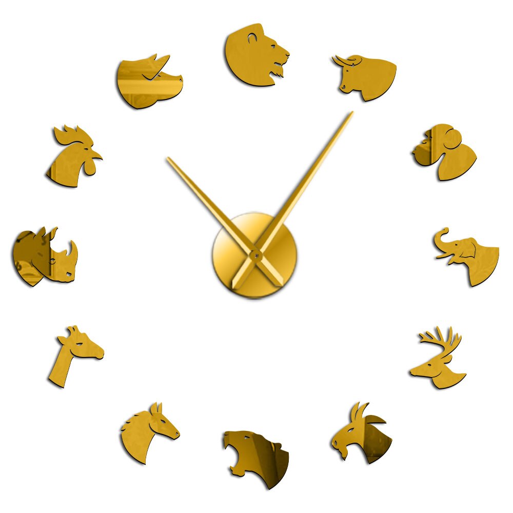 Land Animals Face Acrylic Simple DIY Wall Clock Lion Tiger Elephant Horse Animal Heads Quartz Mirror Effect Sticker Clock Watch: Gold / 27inch