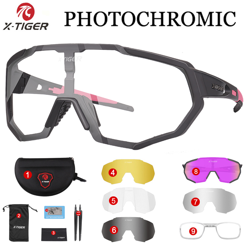 X-TIGER Photochromic Cycling Eyewear Myopia Frame UV400 Men Road Bike Glasses Summer MTB Bicycle Polarized Cycling Sunglasses: Dark Grey