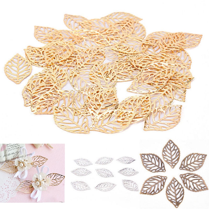 50 st hantverk vintage pläterad retro guld charm filigran ihåliga blad hänge smycken tillbehör smycken gör diy