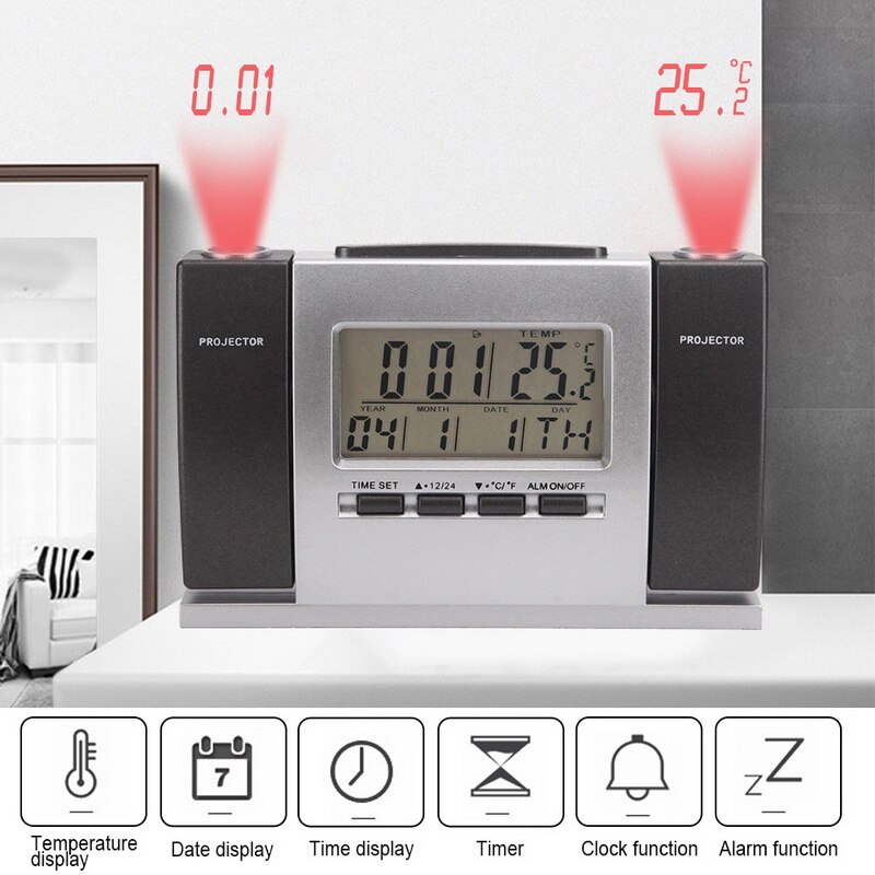 mult-Style Projection Alarm Clock Digital Ceiling Display 180 Degree Projector Dimmer Radio Battery Backup Wall Time Projection