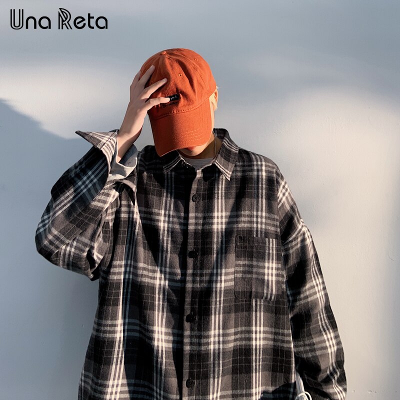 Una Reta Men Shirts Spring Hip hop Black gray grid Shirt Men Clothing Long Sleeve Plus Size Harajuku Casual Shirts Man