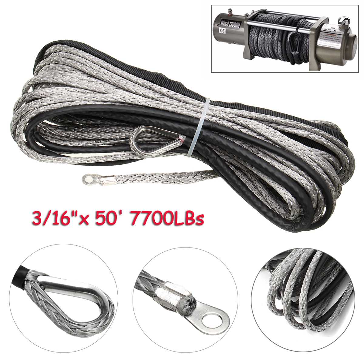 5mm x 15m 7000LBs Grau Nylon Seil Synthetische Winde Abschleppen Kabel mit Mantel fo SUV aus Straße Seilwinde seil Synthetische Seil