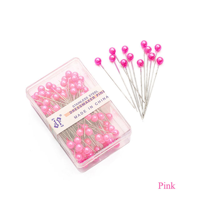 100Pcs/Box Colorful Round Pearl Head Needles Stitch Straight Push Sewing Pins For Dressmaking DIY Sewing Tools Positioning 38cm: Pink