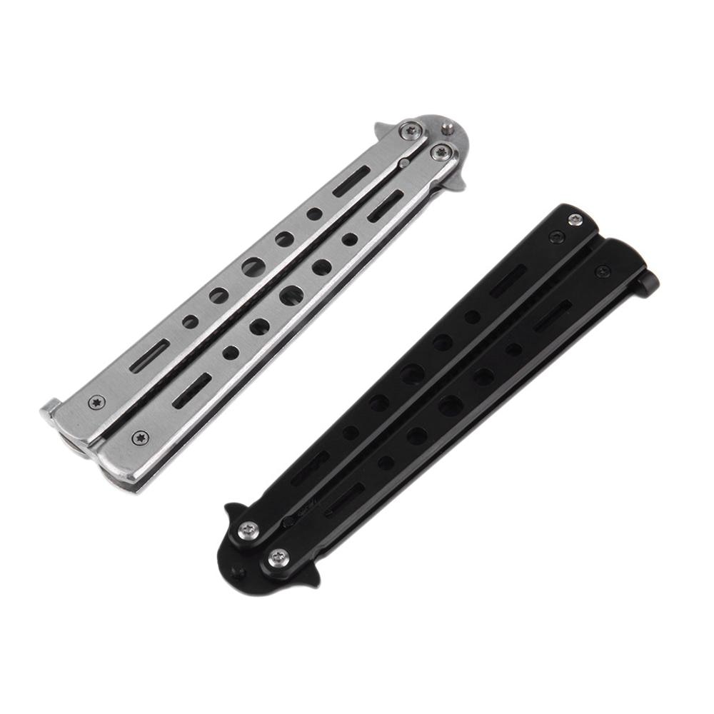Navaja de práctica de mariposa de acero inoxidable plateado, cuchillo de entrenamiento plegable, cuchillo opaco, herramienta de campamento al aire libre, herramienta de Peine