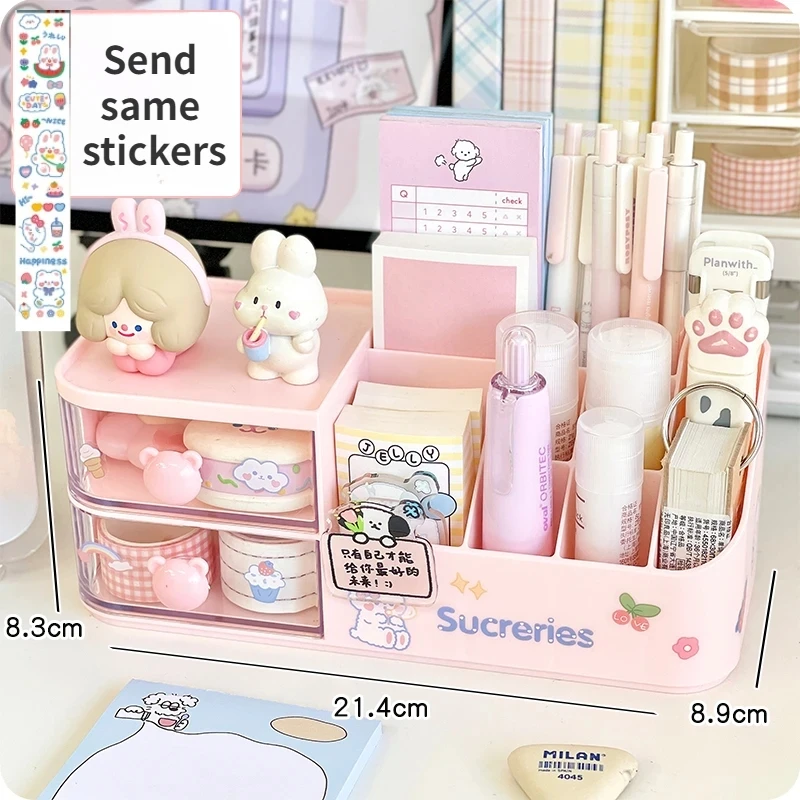 Kawaii caixa de armazenamento de mesa organizador bonito urso lidar com gaveta tipo organizador de mesa multi-grade caneta titular com adesivos kawaii: Azul