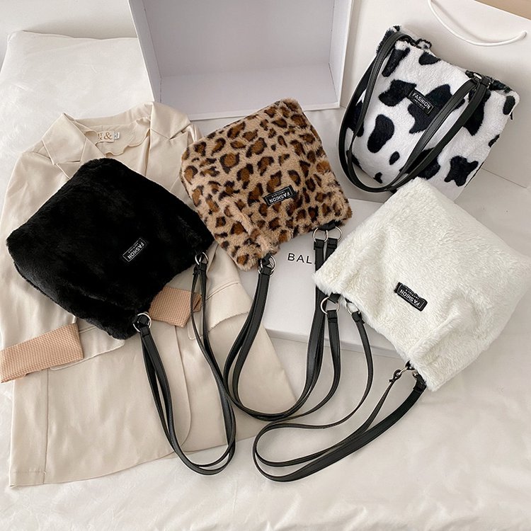 Vinter plys mini taske leopard print label skulder bøtte tasker til kvinder hasp større kapacitet fløjl shopper underarm taske