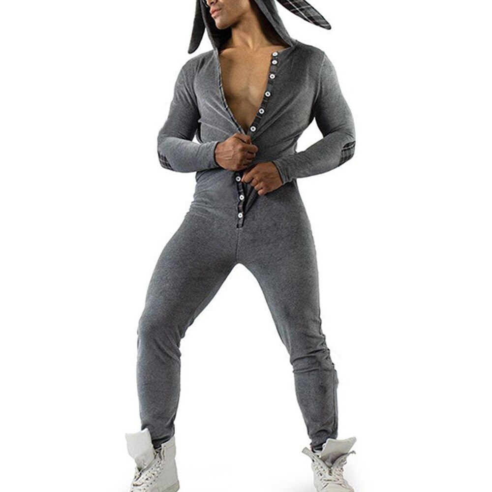 Men Solid Splicing Jumpsuit Men One-piece Garment Pajama Playsuit Fleece Button Hoodie Male Onesie Jumpsuits Overalls Hombre2021
