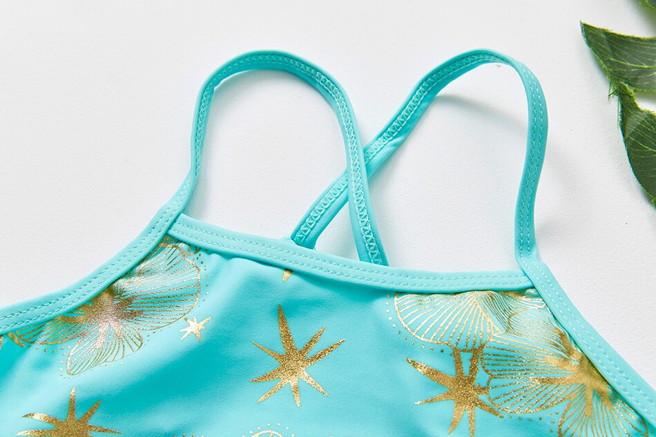 Bañador Floral dorado para niñas de 2 a 14 años, traje de baño para niñas de estilo veraniego con flores azules,