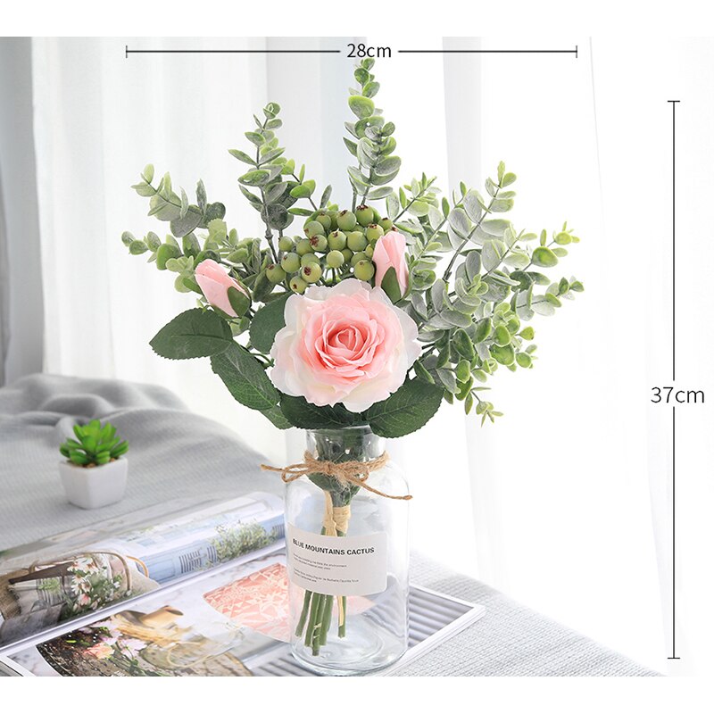 Artificial Roses Flower Bouquet Dining Table Wedding Home Wall Decoration Accessories Holding Flowers Valentine Day: Deep powder 1 Pcs