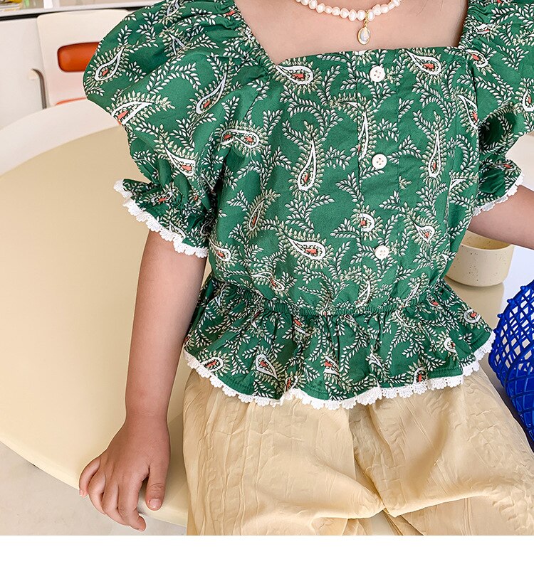 Summer Girls cute Feather embroidery short style blouses Kids square collar short sleeve Tops