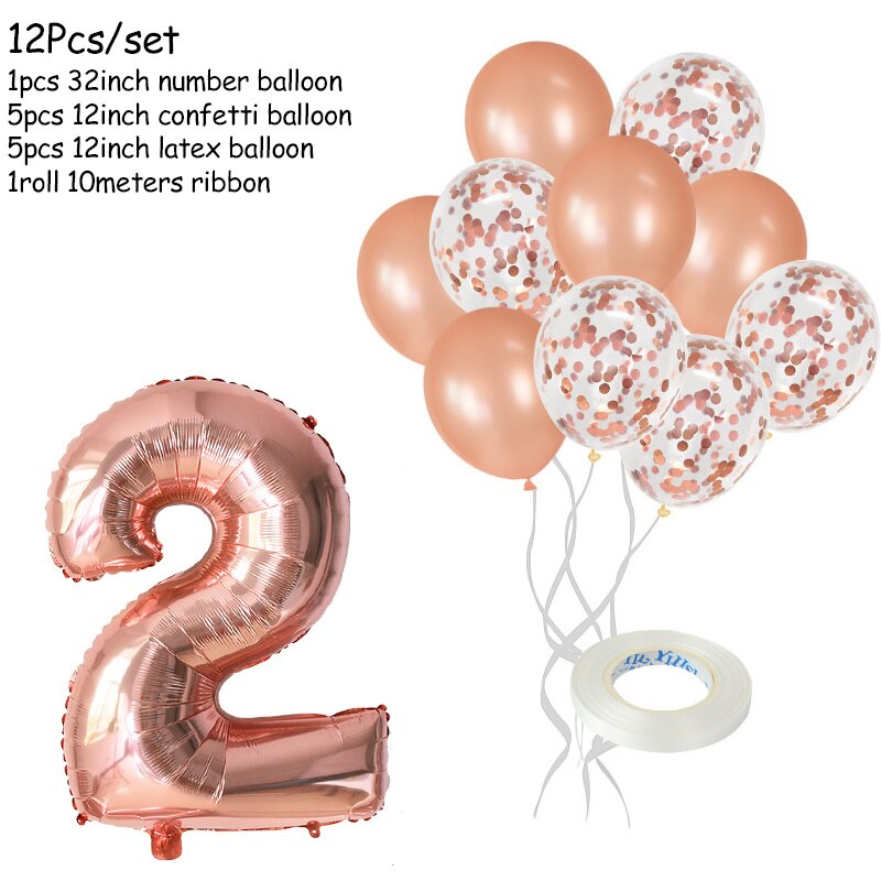 12Pcs/lot Rose Gold Number Foil Balloons Happy Birthday Balloons Baby Shower Kids 1st Birthday Party Decorations Number Balloons