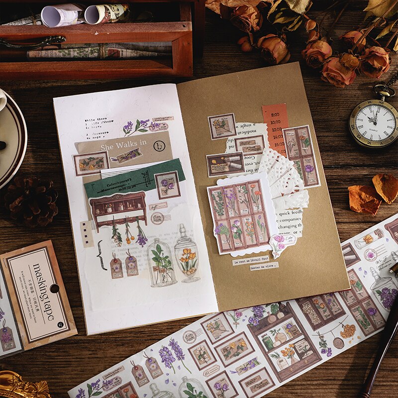 Vintage växt labb remsa klistermärke gör-det-själv scrapbooking botten collage telefon dagbok album glad planerare försegling dekoration