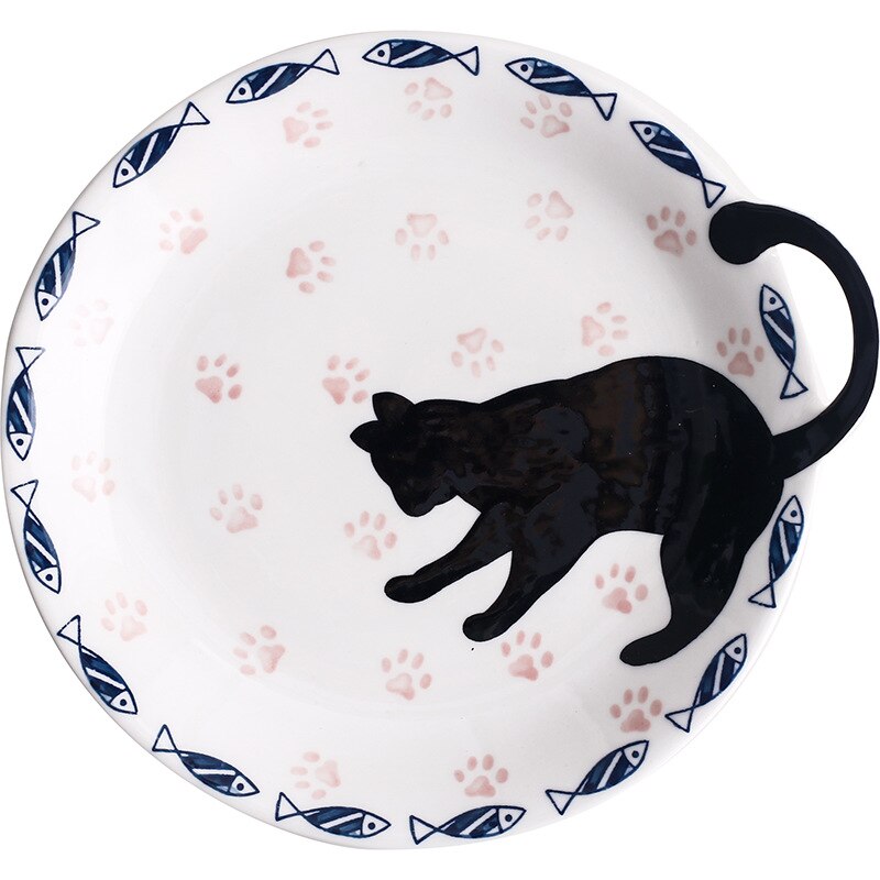 Home Fun Ceramic Ttableware Dessert Plate Dinner Plate Salad Bowl Dessert Plates Cake Plate Flavor Plate One Ear Cat Tail Series: D (plate)
