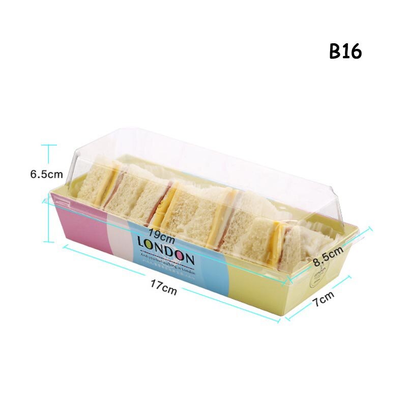 Engångsmacka kartong brödlåda puffar genomskinligt lock förpackningslåda bageri snacks förpackningslåda snabbmatslåda take away: B16