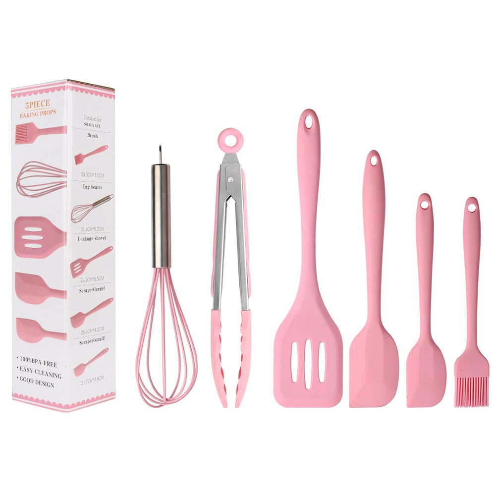 Juego de utensilios de cocina de silicona, 6 pinzas, espátula grande, espátula, batidor de huevos, pala de fugas, utensilios de cocina: Rosa