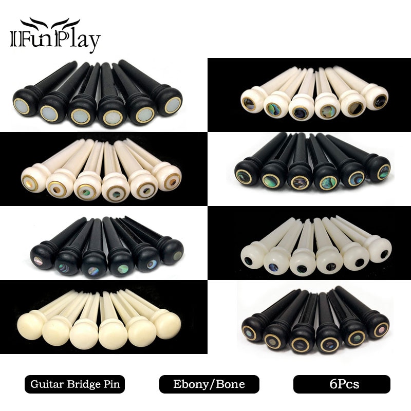 Broches de pont de guitare acoustique en os véritable, 6 pièces, en ébène pur avec cercle en laiton, accessoires de remplacement de guitare Folk