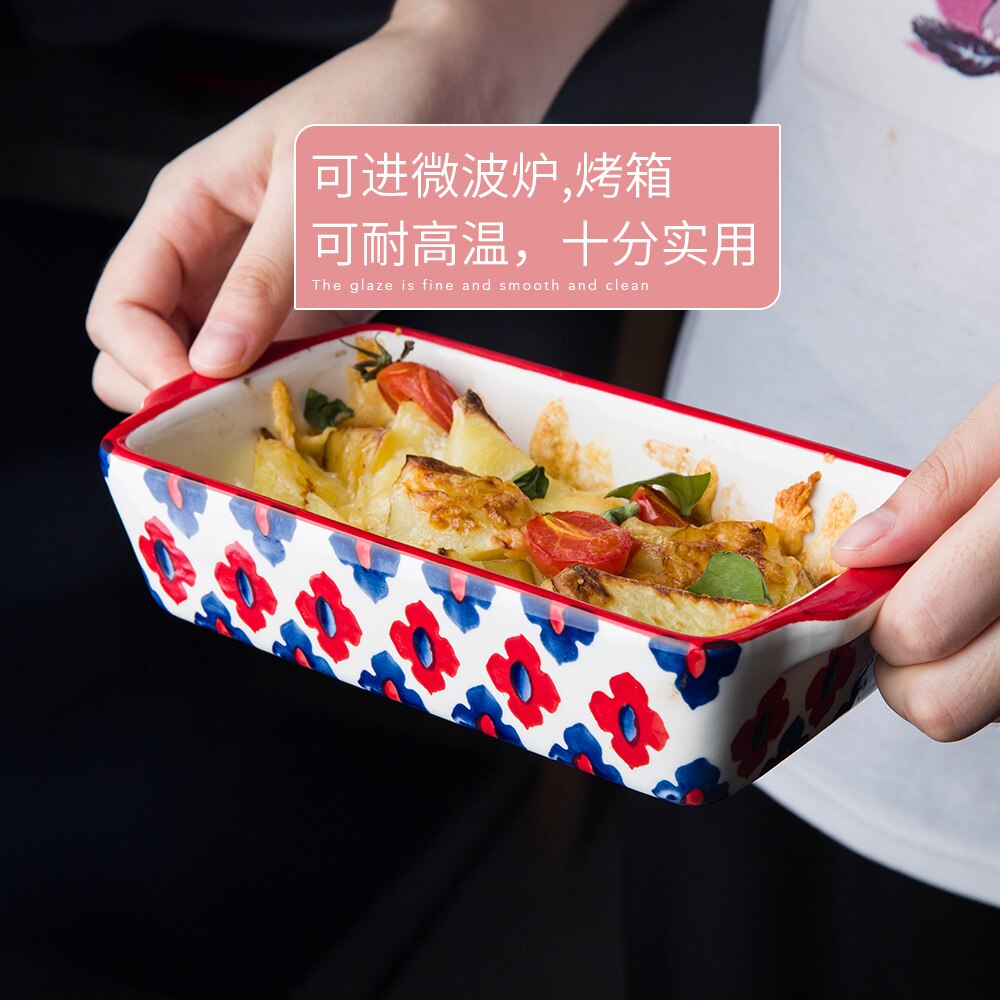 European double-eared baking pan ceramic baking rice bowl household rectangular plate western food plate wy121705