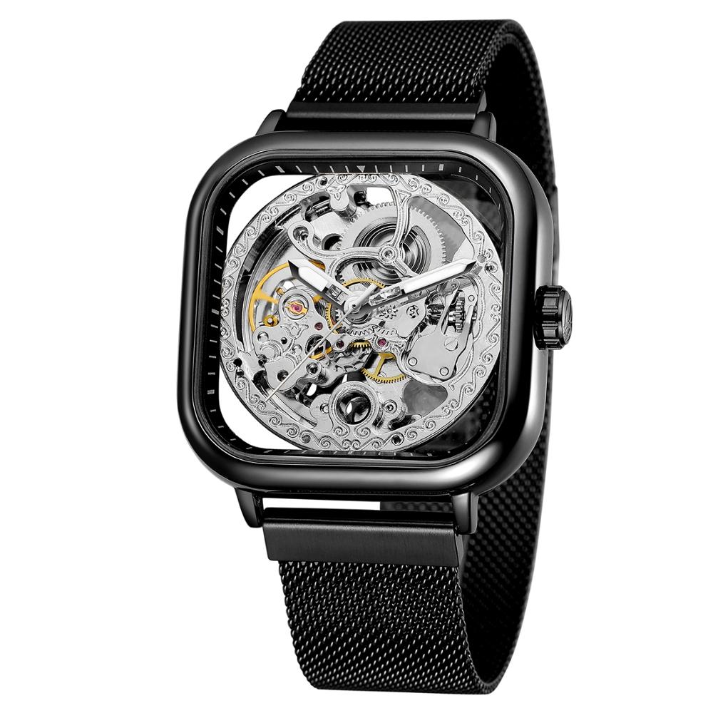 Forsining Mannen Mechanische Horloges Automatische Self-Wind Golden Transparante Mode Mesh Steel Horloge Voor Mannelijke Relogio Masculino: BLACK WHITE