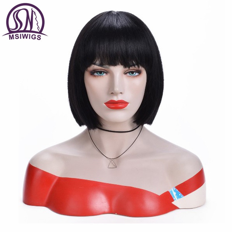 Msiwigs bob hair mustat lyhyet peruukit naisille suorat synteettiset hiukset peruukki otsatukkalla tuhkanharmaat hiukset lämmönkestävä kuitu