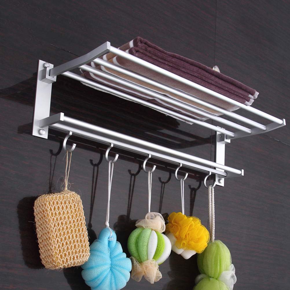 Badkamer Handdoek Rekken Opvouwbare Dubbele Handdoekenrek Wall Mounted Space Aluminium Handdoek Plank Met Haken Bad Rails Bars 40x19x15cm