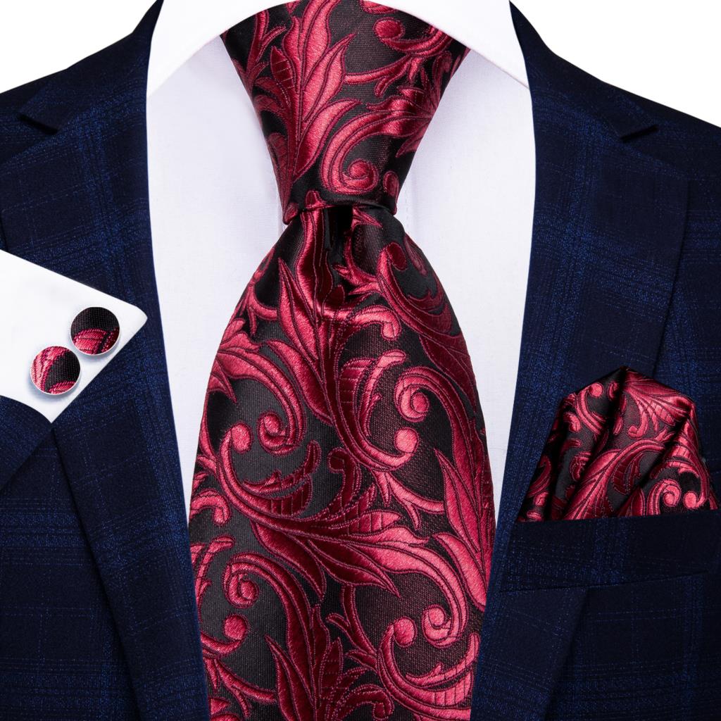 Hi-Tie Heren Cadeau Stropdas Set Rode Wijn Bordeaux Paisley Zijden Bruiloft Stropdas Voor Mannen Hanky manchetknoop: WHITE
